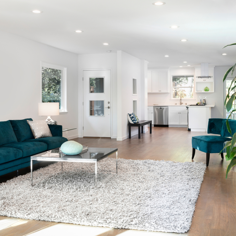 Beautiful and large living room interior with hardwood floors an